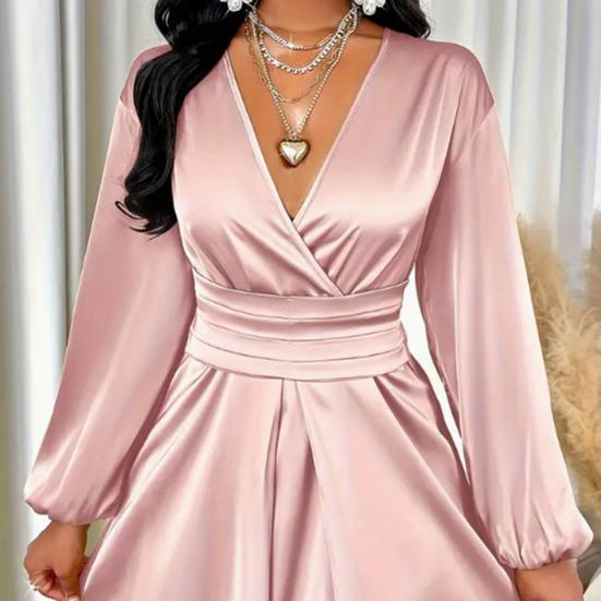 Women Summer Satin V-Neck Dress Elegant Long Gown with Puff Sleeves & Cinched Waist