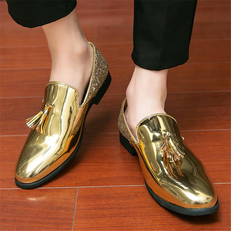Fashion Men's Gold Black Sequin Tassels Patent Leather Casual Shoes Male Formal Wedding Dress Homecoming Footwear Zapatos Hombre