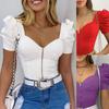 Women Top U Neck Puff Sleeve Sexy Solid Color Zipper T-shirt for Dating