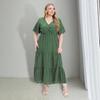 Yousheng Plus Size Women Dress V-Neck Short Sleeve Ruffle Splicing Flowy Hem Midi Dress Dot Print Formal Dress Daily Wear