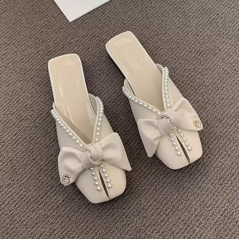 Baotou Half Slippers Women's Summer Outer Wear New Year's New Korean Version Bow Pearl Flat Bottom Soft Bottom Fish Mouth Sandals