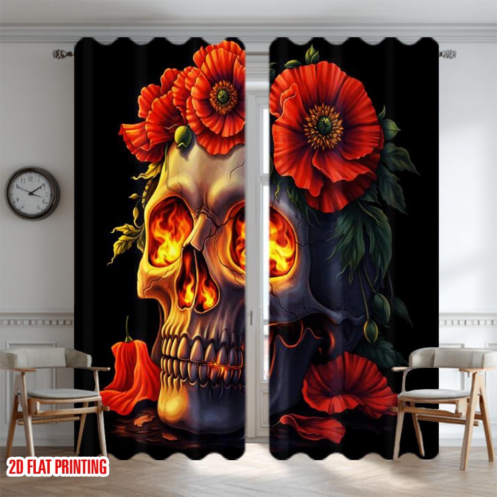 2D flat printing 2pcs Curtain Curtain Day of the Dead Fiery Skull Digital Printed Polyester Drapes Family Party Decoration