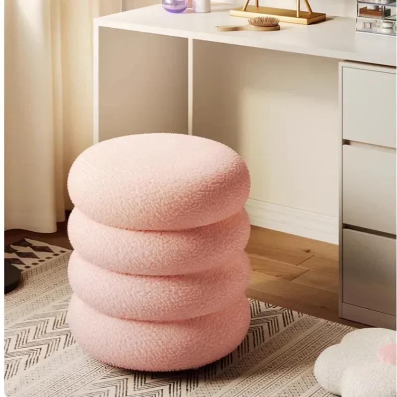 Creamy Household Stool Girls' Makeup Seat Bedroom Vanity Chair Soft Lamb Wool Pouf Minimalist Manicure Round Ottoman