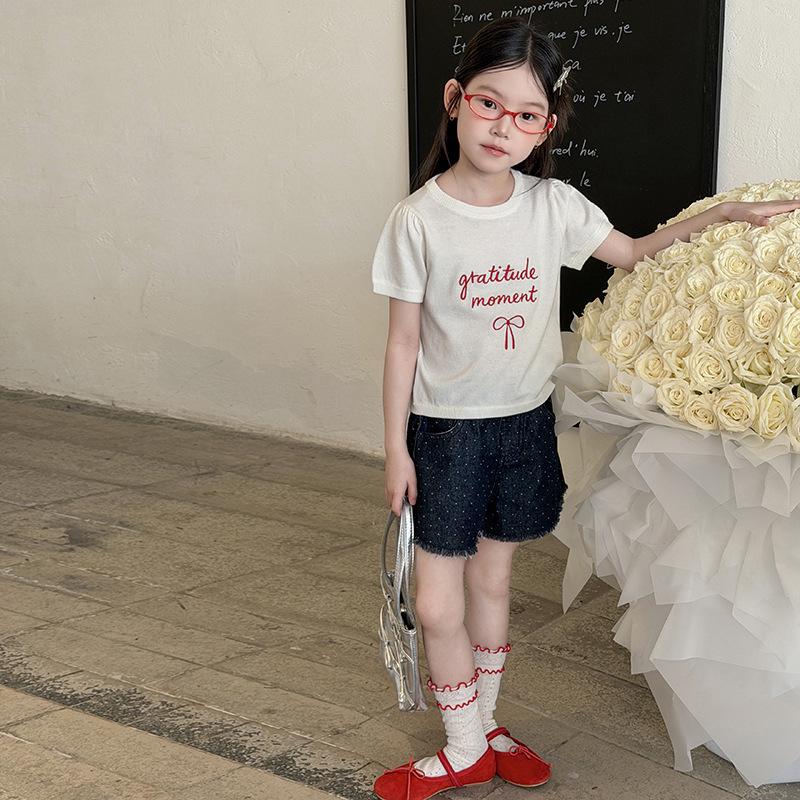 Summer Girls Korean Style Embroidered Bow T-Shirt 110 cm