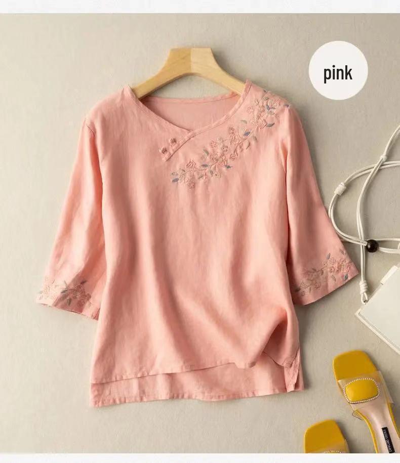 

Женская ретро-рубашка с вышивкой в китайском стиле - хлопок/лен, свободный крой, рукава 3/4 XL 120-135 cm розовый