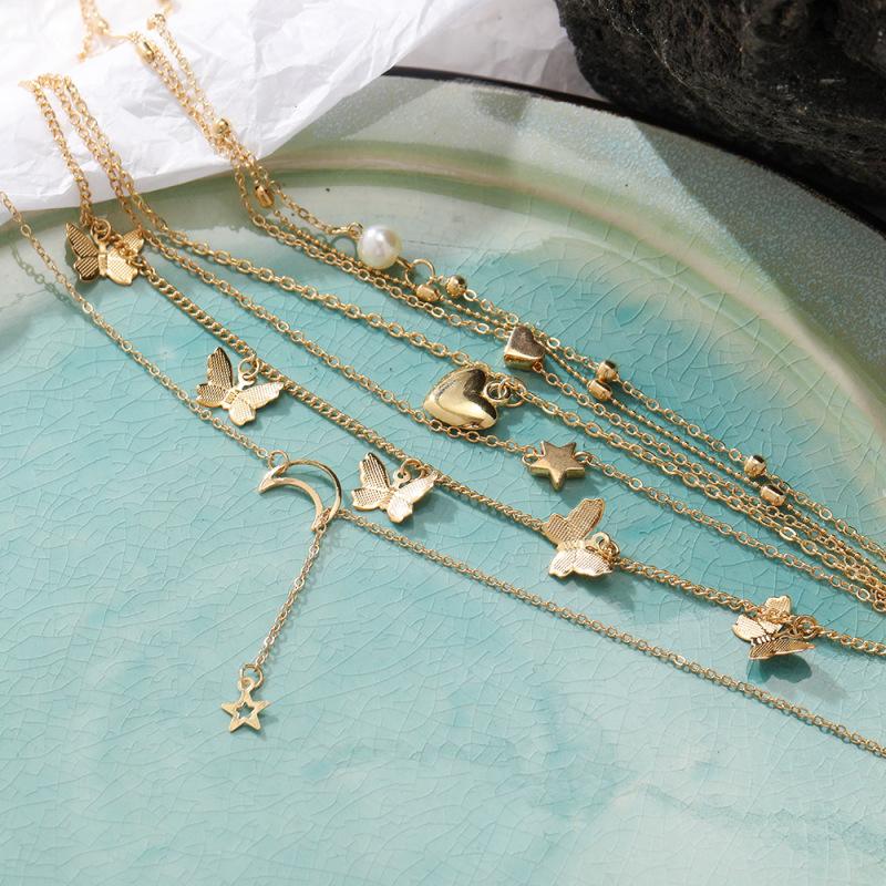 6 Pcs/set Pendant  Necklace Creative Personality Multi-layer Butterflies Moon Peach Heart-shaped