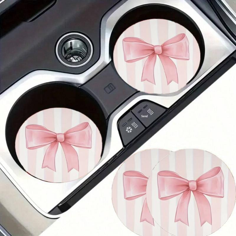 2 Or 6Pcs/Set Non-Slip Pink Bow Print Car Cup Holder Coasters Universal Fit Interior Accessories