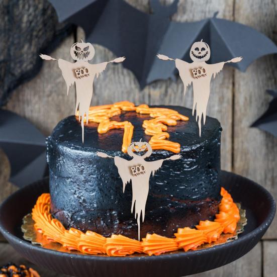 3 Pcs Halloween Cupcake Toppers Spooky Pumpkin Ghost Wooden Cupcake Pick for Halloween Theme Baby Shower Birthday Party Cake Decoration