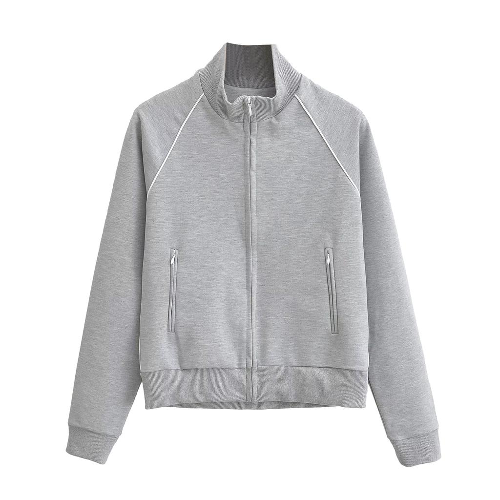 Women's Stand Up Collar Zipper Sports Casual Short Jacket Long Sleeved Cardigan Jacket