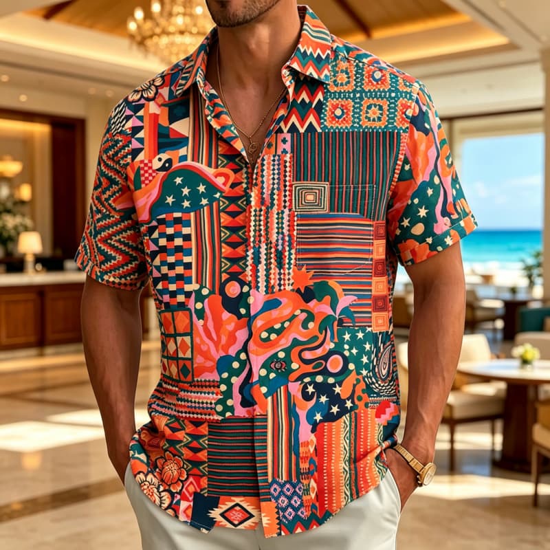 Men's Tribal Style Printed Vacation Shirt, Short Sleeved Shirt With Pockets, Suitable For Vacation Wear And Retro Ethnic Style
