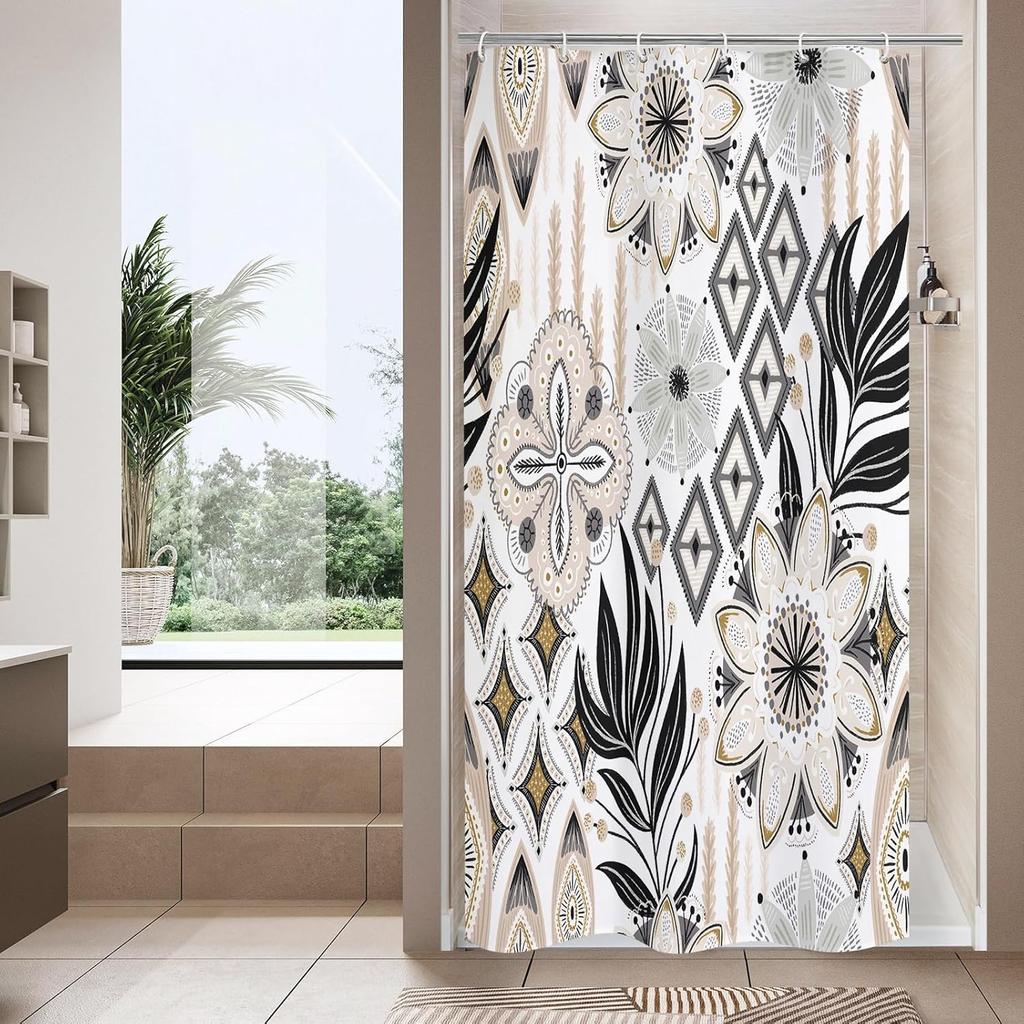 Boho Floral Shower Curtain, Tropical Leaves Fabric Cloth Shower Curtains for Chic Elegant Bathroom Decor, Modern Curtain
