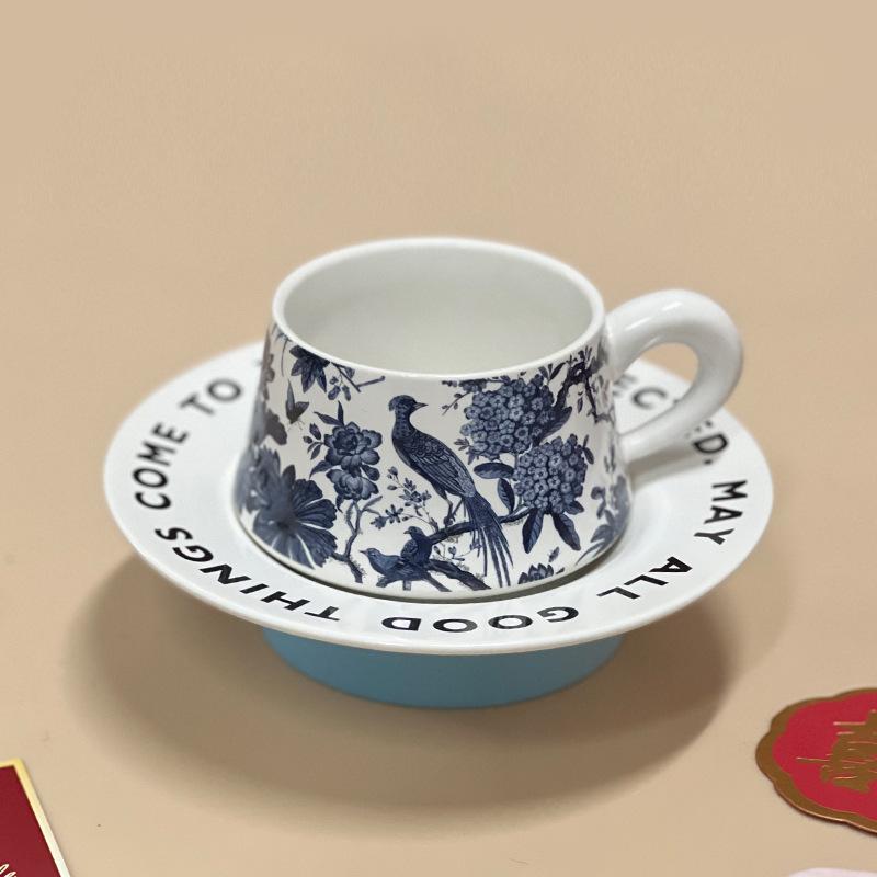 French Vintage Ceramic Mug and Saucer - Floral Bird Design, Large Capacity Cup. 201-300ml