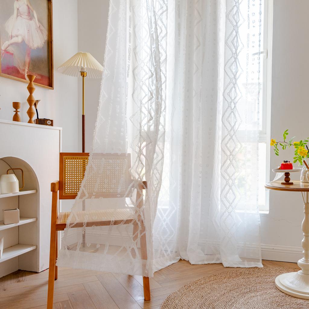 Finished Curtains Tufted Pure White Living Room Bay Window No Punching Through Rod Curtain Chic Gauze Curtain