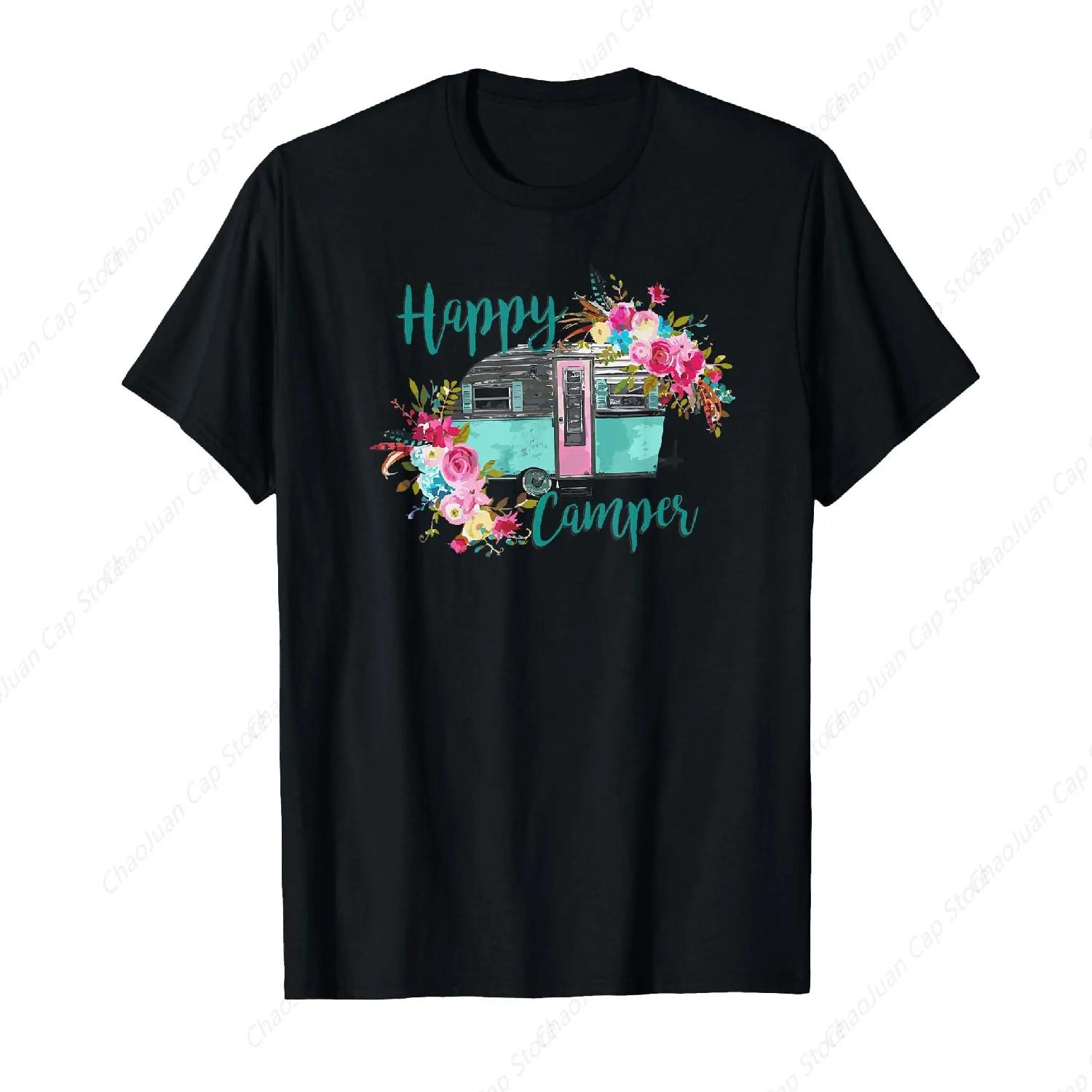 Happy Camper T-Shirt Fashion Short Sleeve T-shirts Oversized Streetwear Unisex S