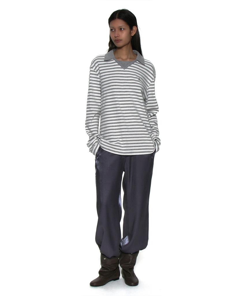 PARTIMENTO WOMEN Double Collar Stripe Long Sleeve Tee_Melange