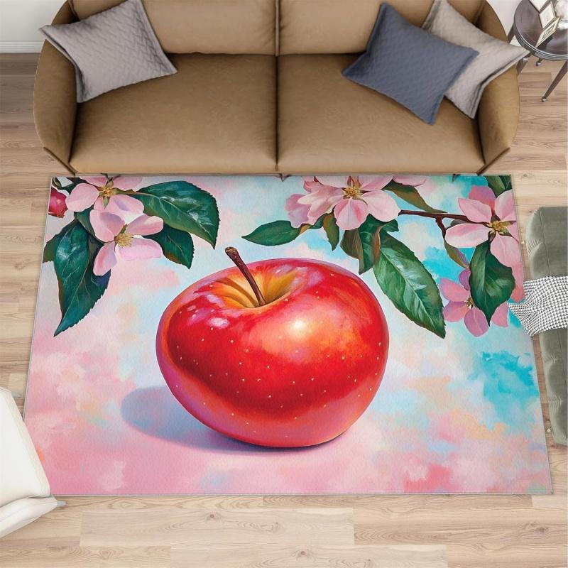 Vibrant Red Apple Blossoms Area Rug Watercolor Fruit Floral Print Carpet Non-Slip Indoor Floor Mat for Living Room Bedroom