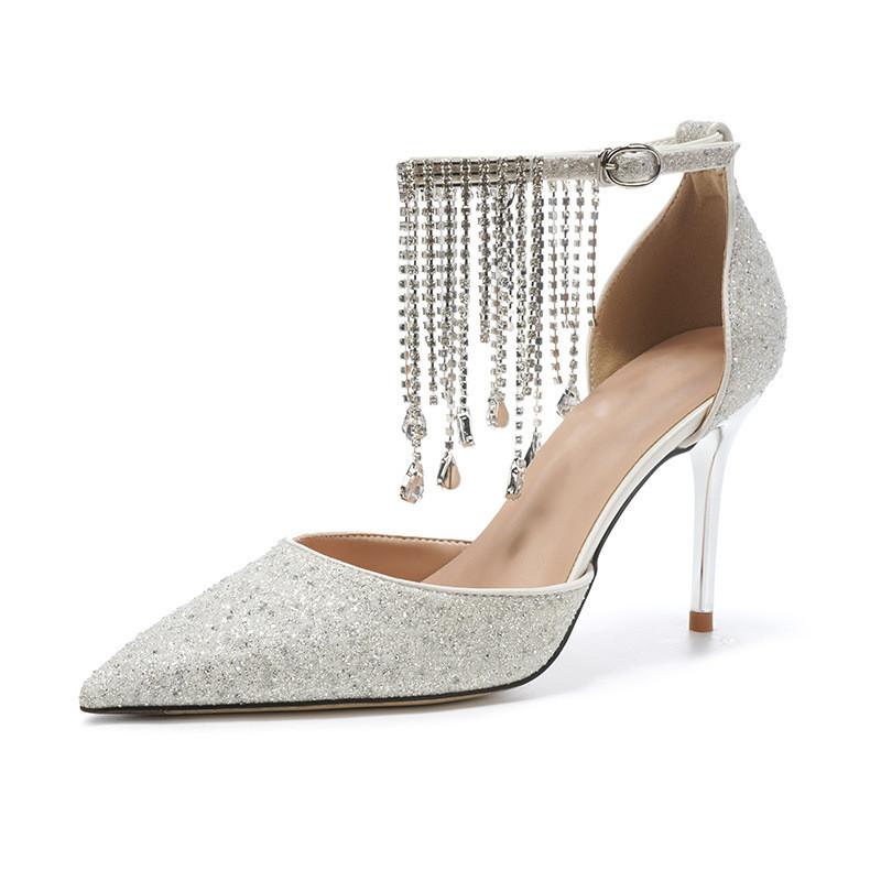 

Fashion Bling Bling Fashion Sequined Rhinesones Tassel Women Pumps Elegant Pointed toe Wedding Bridal Thin High heels Party Prom Shoes 41 серебряный