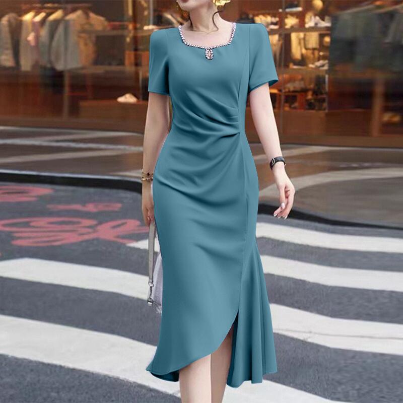 

ZANZEA Женское летнее платье-футляр с квадратным вырезом и короткими рукавами, со стразами 5XL синий