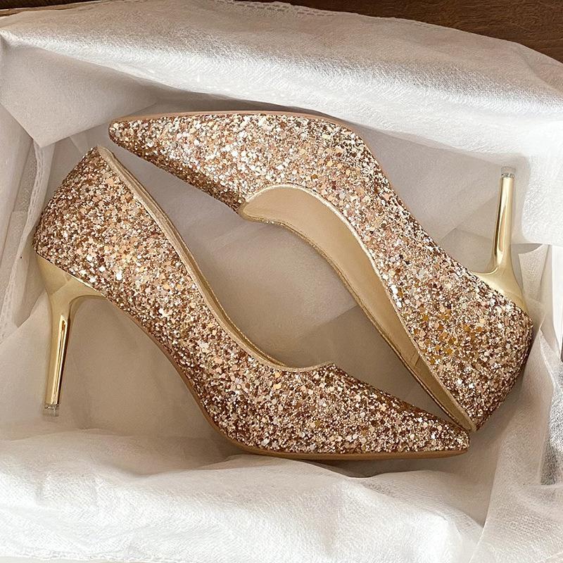 Pointed head shallow mouth high heels women's new sequined stiletto wedding shoes exquisite crystal silver large size 41