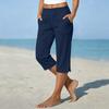 Pantaloni da Donna a Gamba Dritta Corti, Vestibilità Larga, in Lino e Cotone, con Tasche Laterali e Fondo Spaccato con Bottone, per Uso Casual