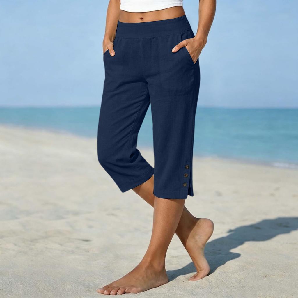 Pantaloni da Donna a Gamba Dritta Corti, Vestibilità Larga, in Lino e Cotone, con Tasche Laterali e Fondo Spaccato con Bottone, per Uso Casual