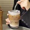 600ml Streifen Glasbecher mit Deckel und Strohhalm Transparente Trinkgläser für Saft Wasser und Eiskaffee Tassen Becher Trinkgeschirr