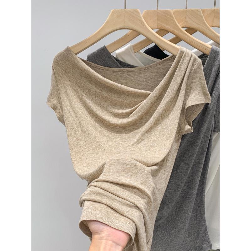 Korean Style Lyocell Tencel Wool Asymmetrical Shoulder Short Sleeve T-Shirt Summer 2026 Temperament Top