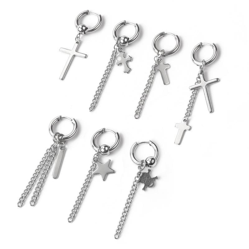 1Pcs Men Punk Cross Stars Dangle Earrings Women Gothic Stainless Steel Cross Ear Stud Earrings Piercing Huggies Pendant Jewelry