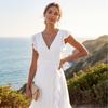 Abito Maxi da Donna con Scollo a V, Maniche Corte, Orlo Arricciato, Drappeggiato, Elegante Design in Vita, Abito Lungo Formale per Feste ed Eventi Serale