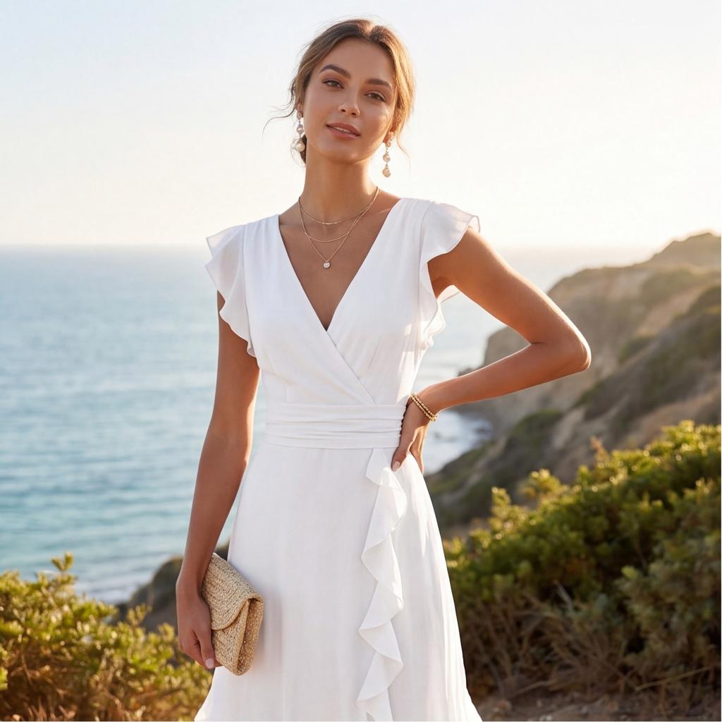 Abito Maxi da Donna con Scollo a V, Maniche Corte, Orlo Arricciato, Drappeggiato, Elegante Design in Vita, Abito Lungo Formale per Feste ed Eventi Serale