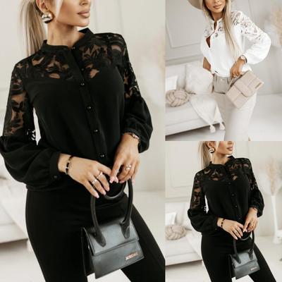 New 2023 Women's Solid Color Lace Patchwork Shirt for Autumn and Winter
