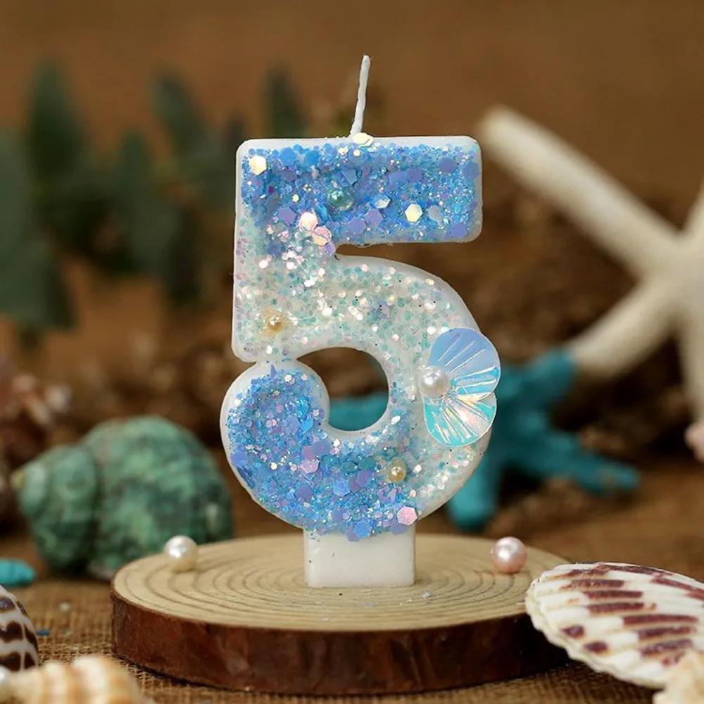 Gradual Change Blue Ocean Shell Digital Birthday Candle, Creative Birthday Party Cake Decorations, 520 Anniversary Candle