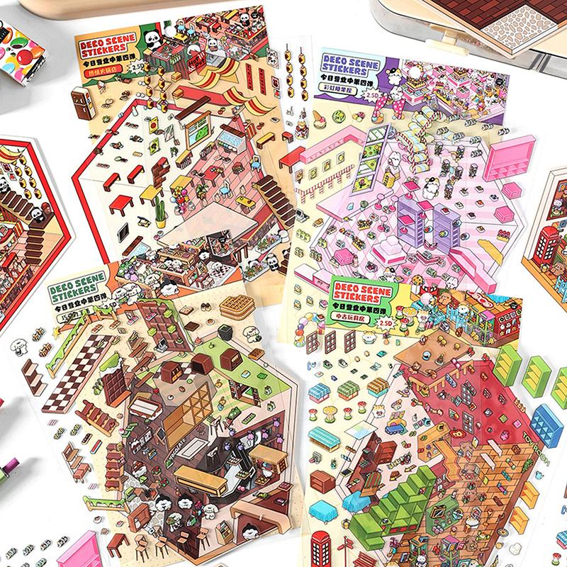 1Set Cartoon 3D Landscape Stickers Pocket Cabin Scene Stacking Pasting Stickers Diy Decoration Stickers Festival Birthday Gifts