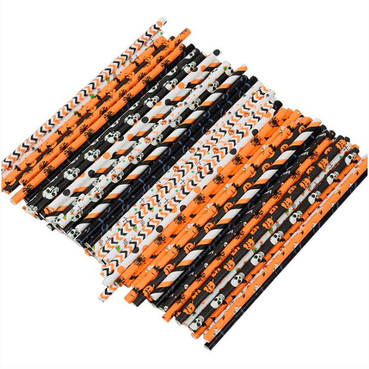 Biodegradable Halloween Paper Straws with Skull and Pumpkin Design