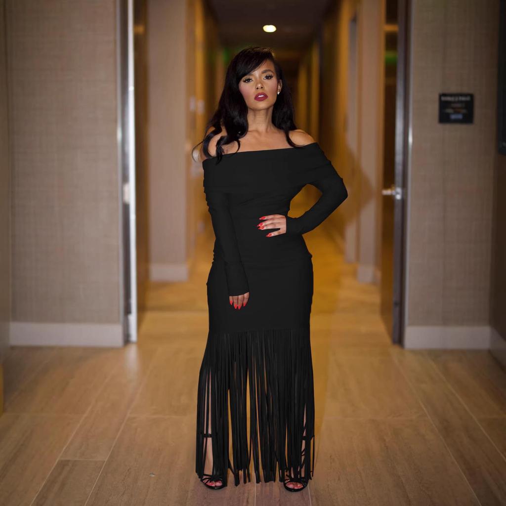 Europejska & Amerykańska Dopasowana Suknia Wieczorowa Jednoramienna z Frędzlami