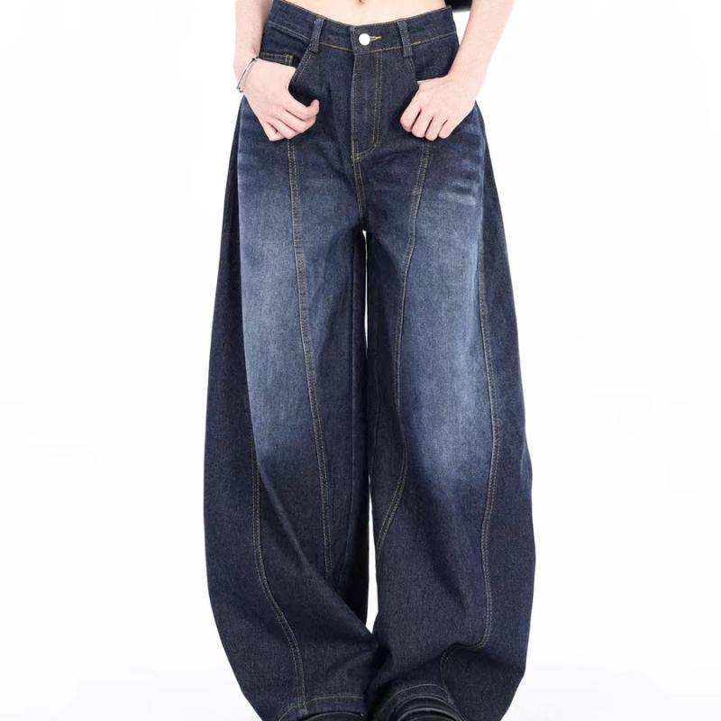 GMXIA Weitbeinige Jeans Damen Locker Hochtailliert Fallend Hundert Schleppende Hosen Taschen High Street Trend Gerade Hosen