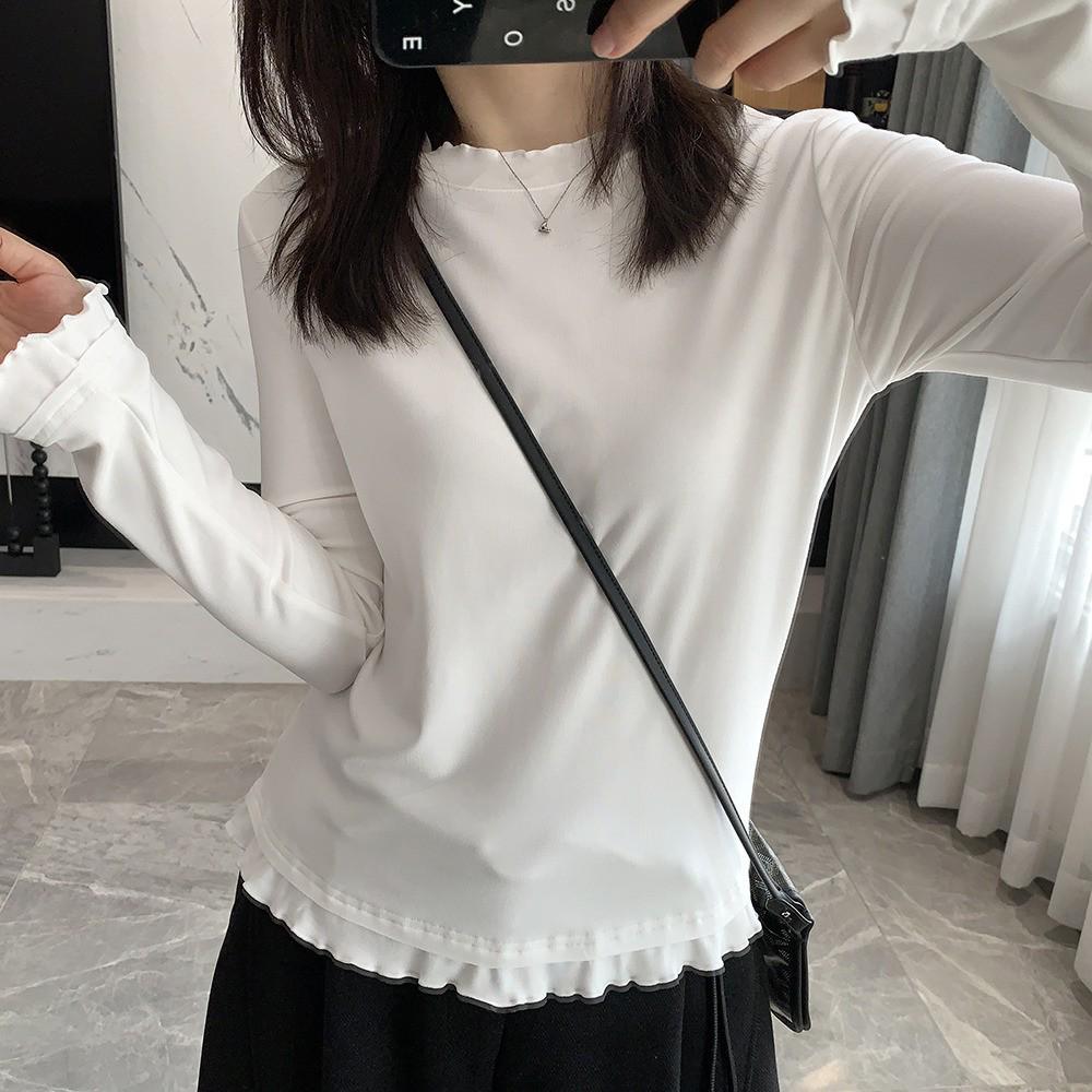 Ruffle Lace Long Sleeve Base Layer: 27% Viscose, 67% Special Polyester, 6% Spandex - Korean Style Artistic Niche.