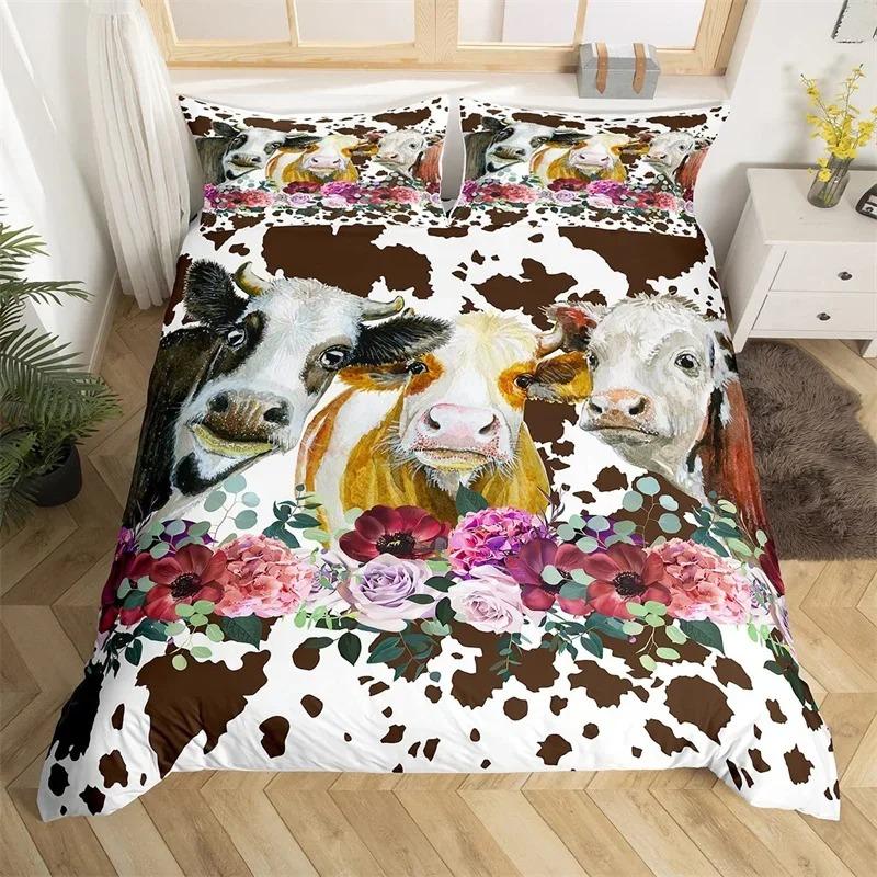 Highland Kuh Bettbezug King Mikrofaser Western Bauernhaus Tier Bettwäsche Set Leopard Kuhfell Fell Blumendruck Bettdeckenbezug