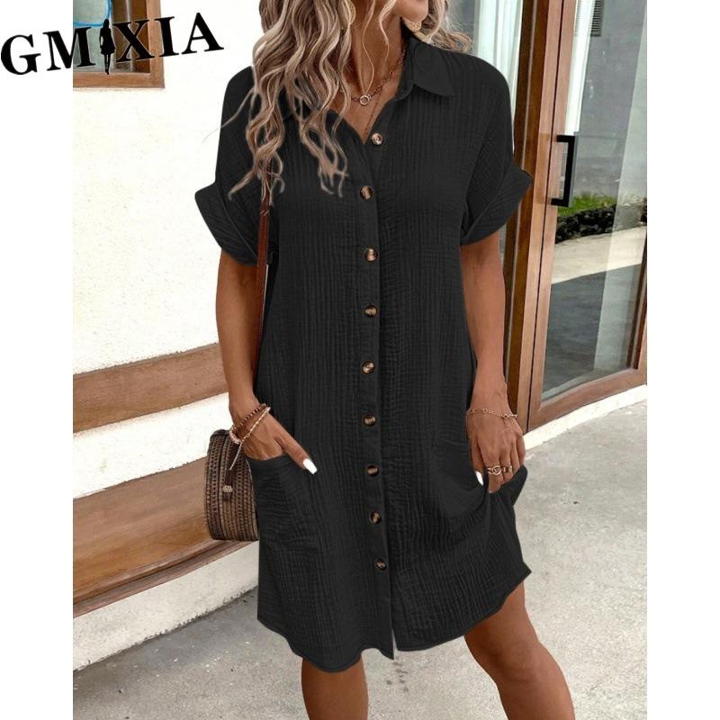 

GMXIA Женские модные летние весенние однотонные повседневные платья с короткими рукавами и воротником-поло с принтом XXXL чёрный