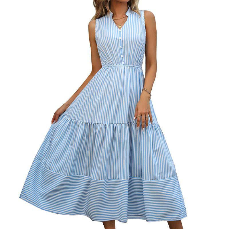 Cross-border foreign trade 2025 summer new A-shaped skirt European and American women's clothing vertical striped sleeveless stand-up collar dress