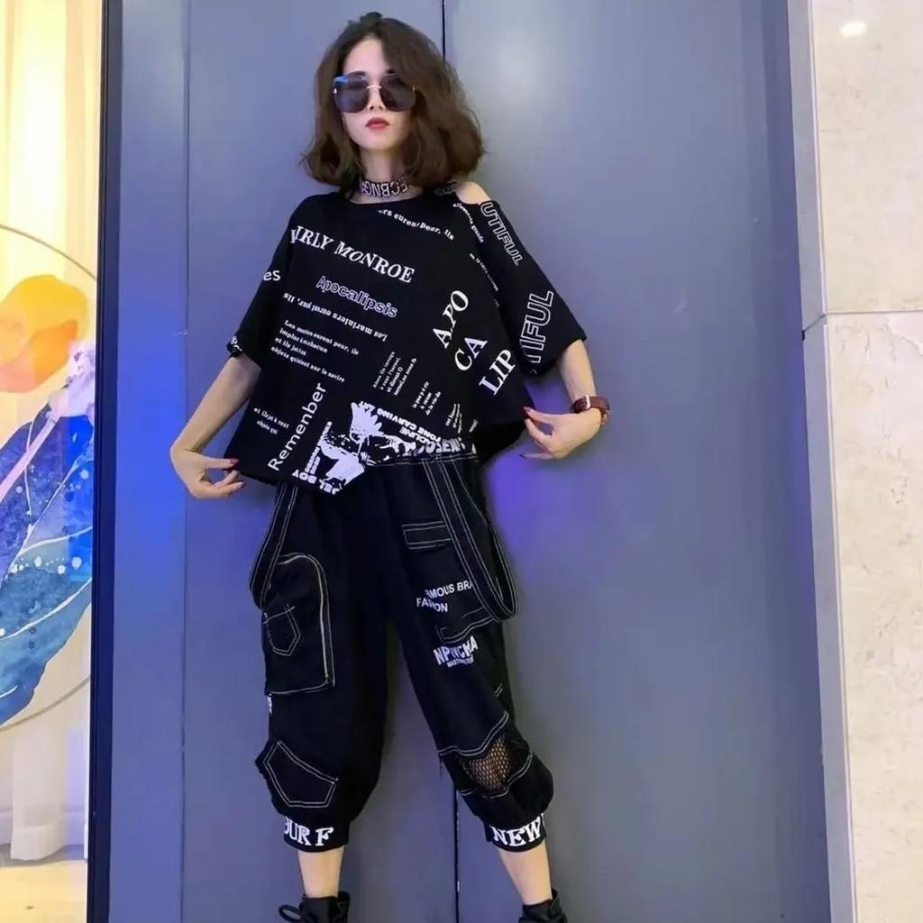 Women's Summer Loose Irregular Short-sleeved + Seven Pants Suit Suit Suit Printed Letters Two-piece Set