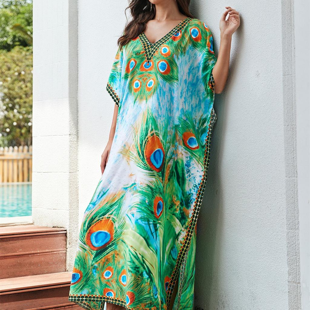 Women's Fashion Vacation Summer Spring Peacock Pattern Print 1/2 Sleeves V-Neck Casual Dresses