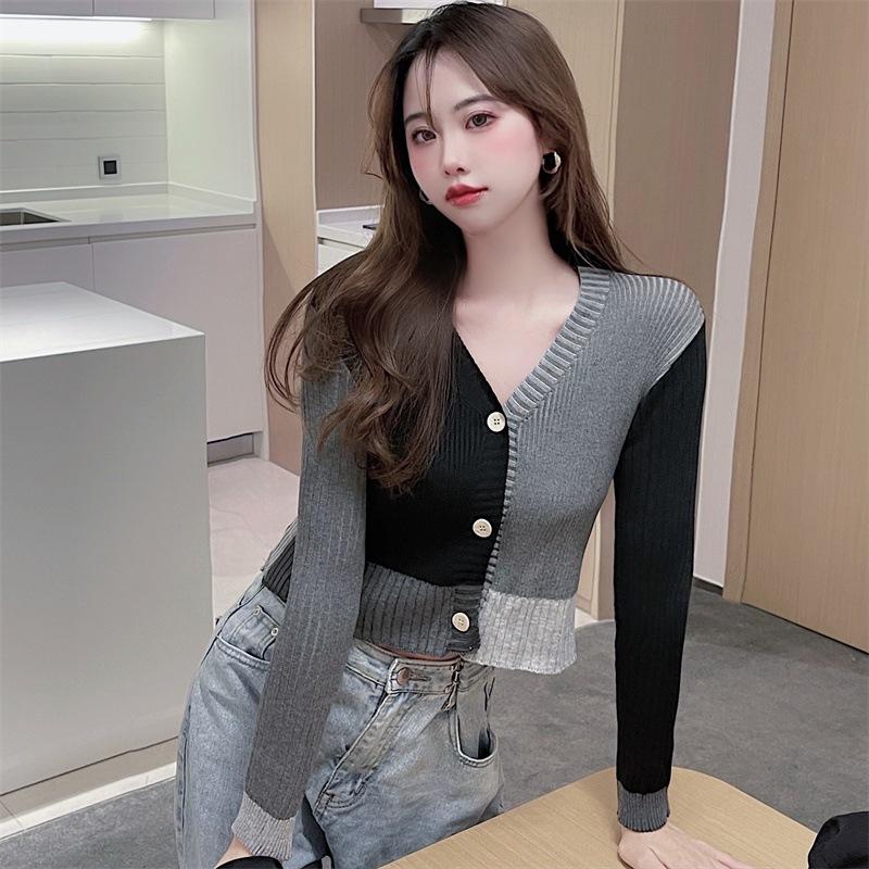 

Женский кардиган с V-образным вырезом, контрастной расцветкой, облегающий, с открытым животом, вязаный, с длинными рукавами One Size