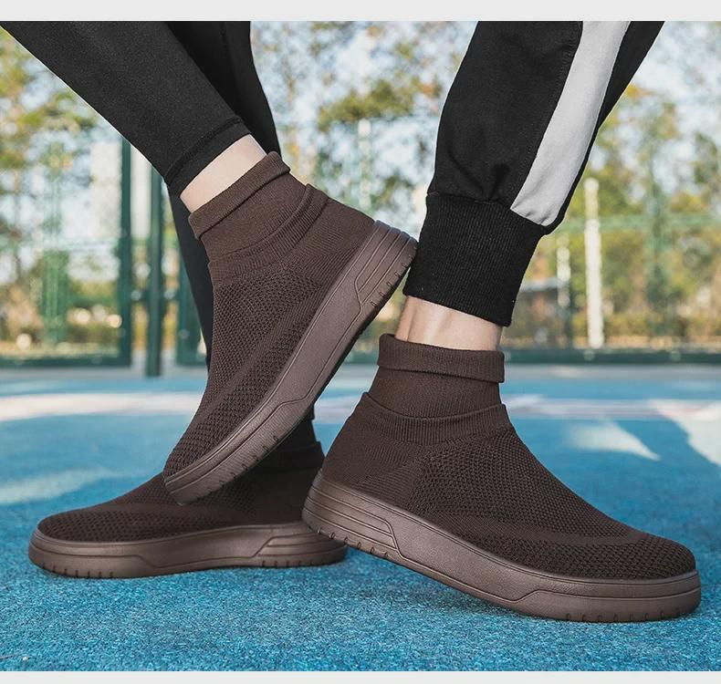 Autumn Breathable Mesh High-Top Casual Couple Socks Shoes - Men's Thick-Soled Flying Woven Sports Sneakers