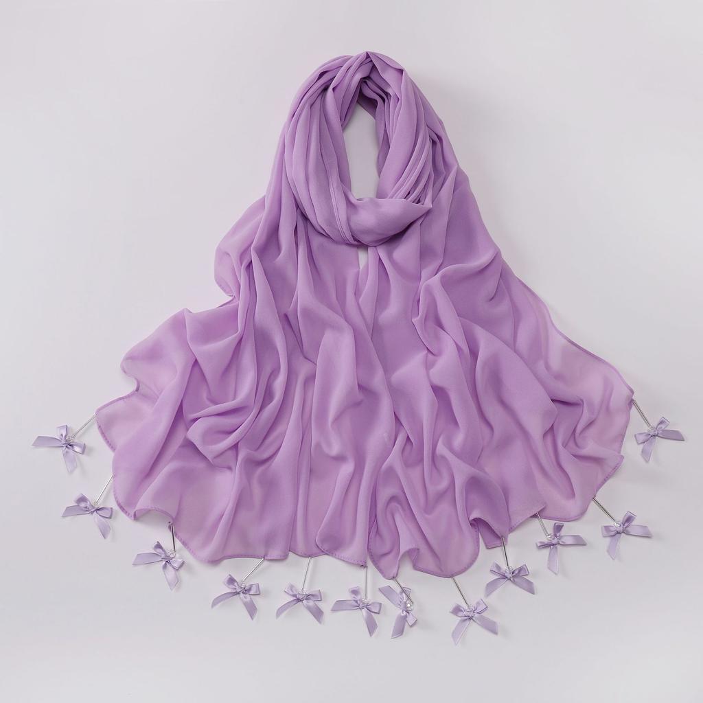New Chiffon Hijab Veil Scarf Hand-Sewn Glass Tube Bow Long Scarf Gauze Horse Muslim Women Hijab Islam Turban Headscarves Ladies
