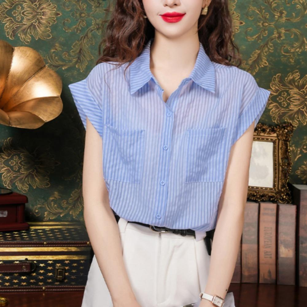 

GMXIA Женская нежная маленькая свежая блузка с коротким рукавом, женская летняя мода, стареющая синяя полосатая тонкая дышащая рубашка XXL синий