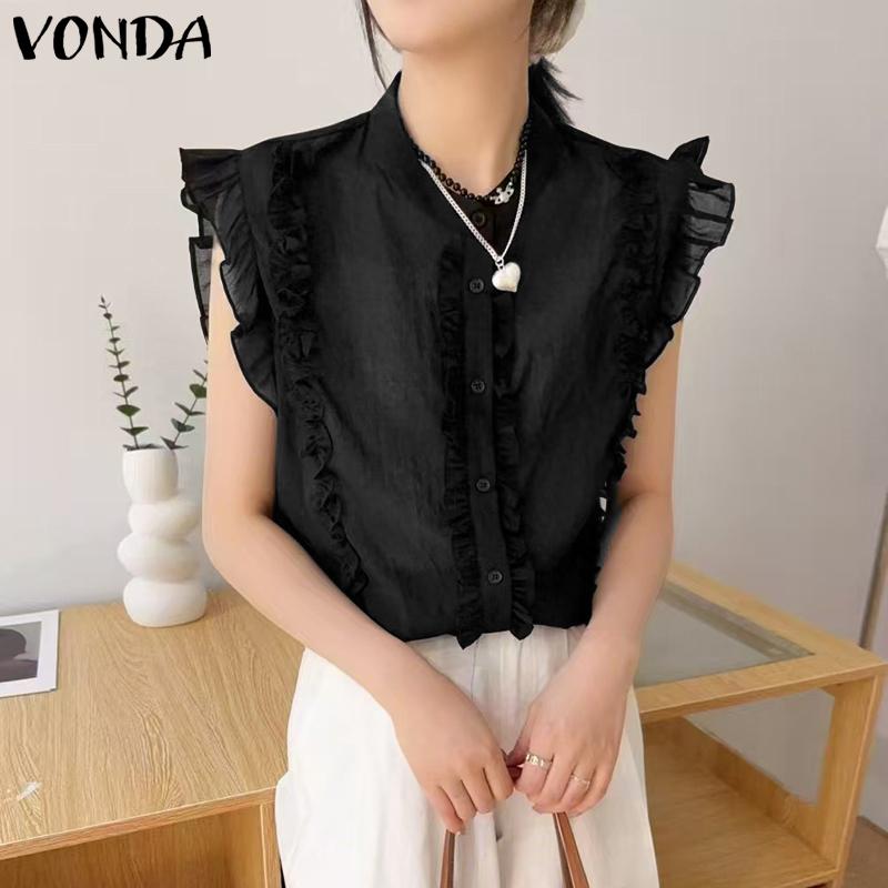 VONDA Women Sleeveless Ruffled Casual Pleating Tank Tops