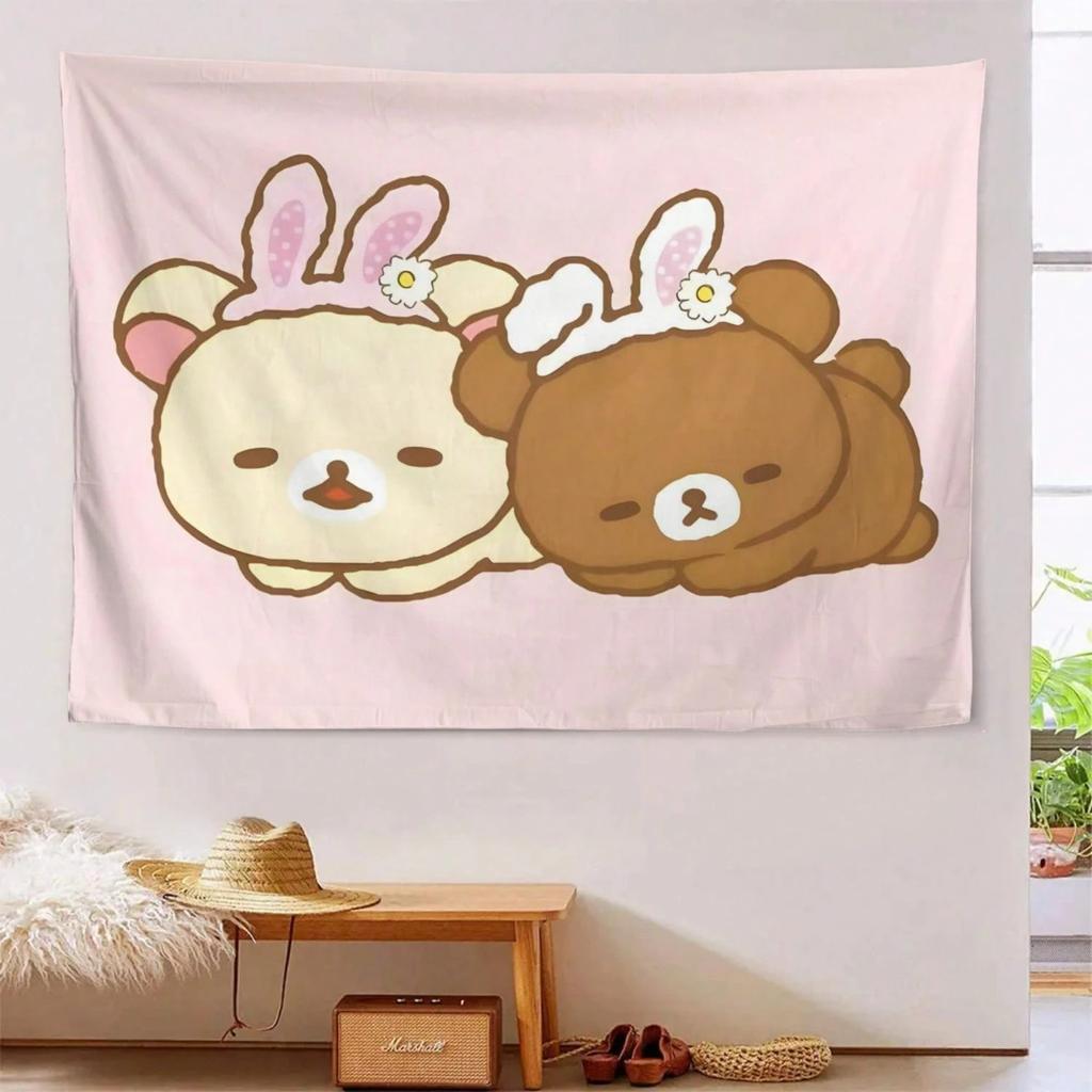 1pc Kawaii Bear Wall Hanging Polyester 2D Flat Print for Bedroom Nursery Bunny Ear Daisy Design Gift for Kawaii Lovers