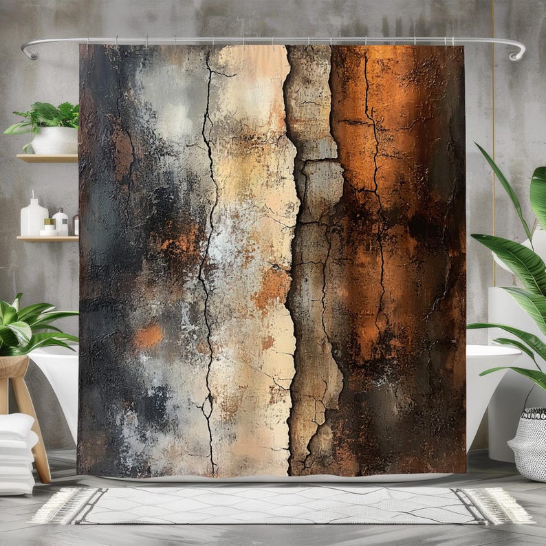 Abstract Bath Curtain - Orange, Beige, Gray Tones, Unique Wall Texture Art, Waterproof Fabric, Modern Bathroom Decor