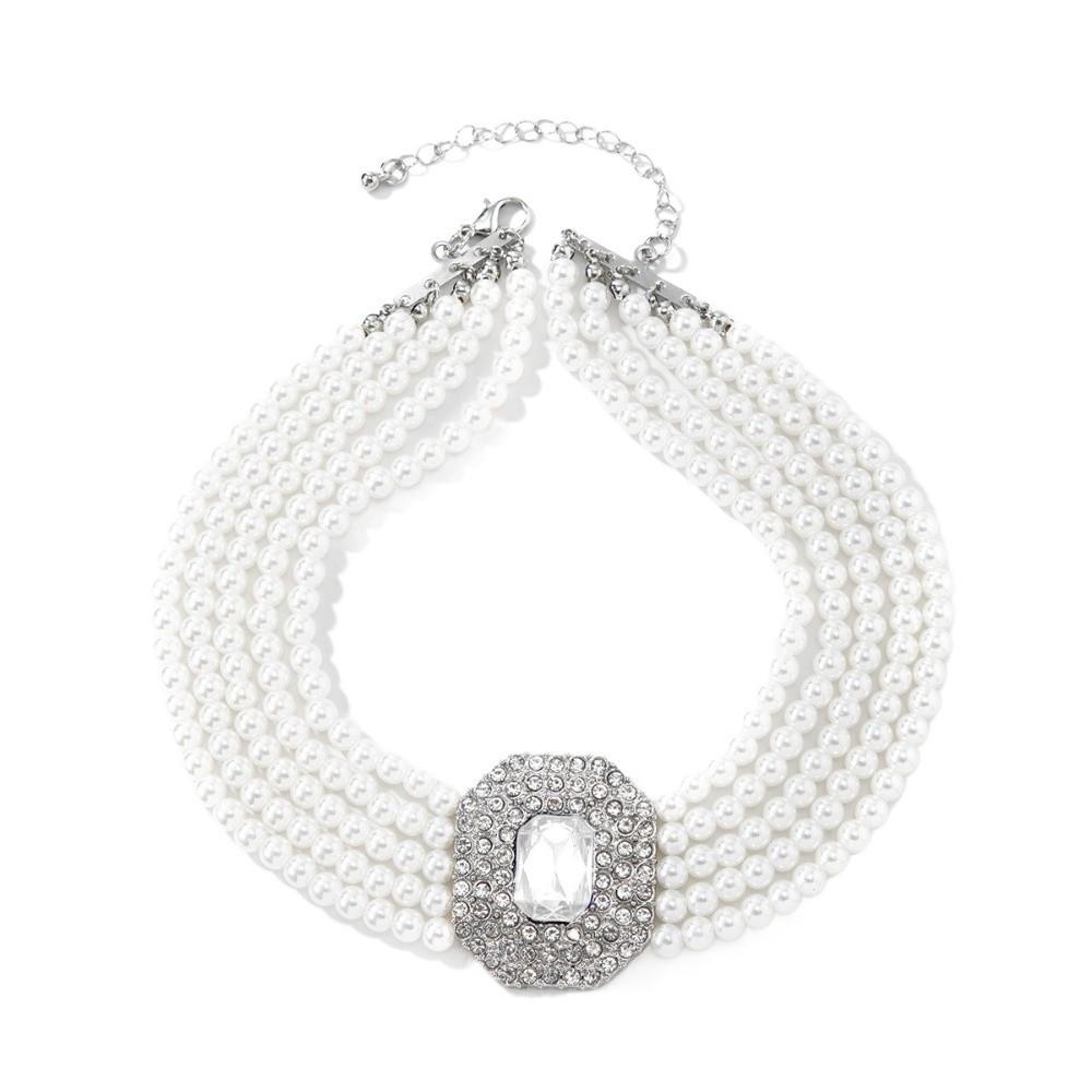 Five Layer Pearl Multilayer Necklace Imitation Pearl Women Choker Rhinestone Necklace  Wedding